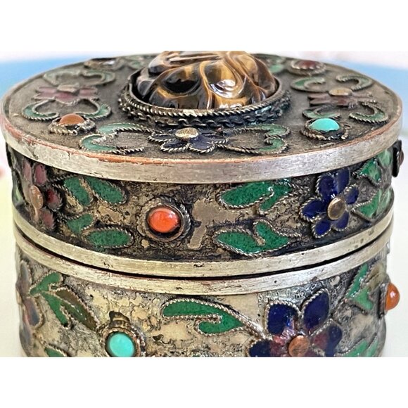 Antique Chinese Trinket Box Enamel Flowers Carved Tigers Eye Flower - Picture 7 of 14